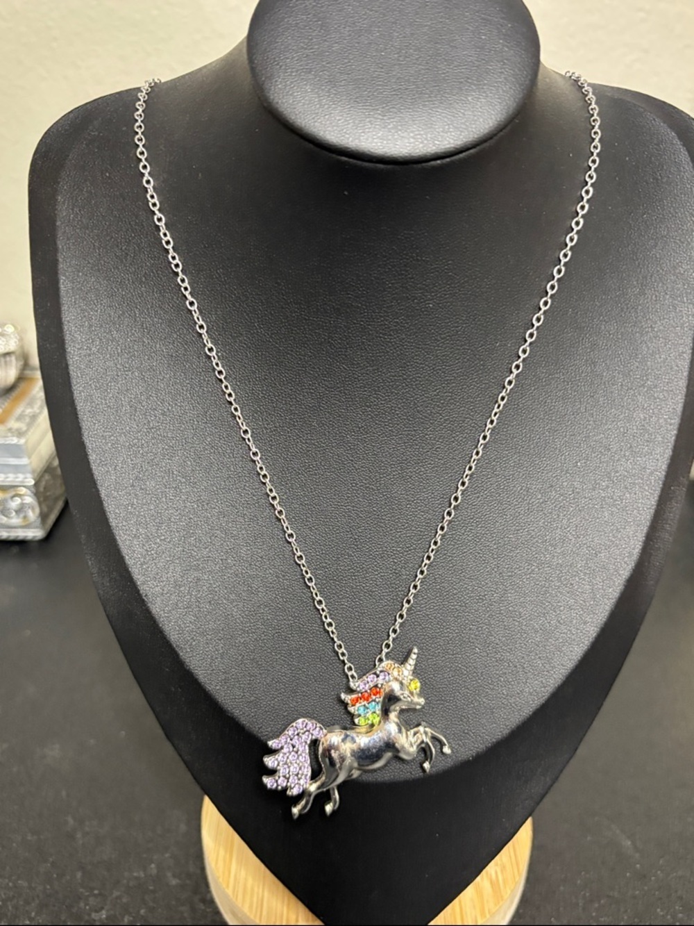 Unicorn Colorful Rhinestone Pendant Chain Necklace Silver Tone